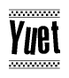The image is a black and white clipart of the text Yuet in a bold, italicized font. The text is bordered by a dotted line on the top and bottom, and there are checkered flags positioned at both ends of the text, usually associated with racing or finishing lines.