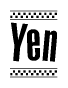 The image is a black and white clipart of the text Yen in a bold, italicized font. The text is bordered by a dotted line on the top and bottom, and there are checkered flags positioned at both ends of the text, usually associated with racing or finishing lines.