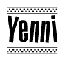 The clipart image displays the text Yenni in a bold, stylized font. It is enclosed in a rectangular border with a checkerboard pattern running below and above the text, similar to a finish line in racing. 
