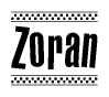 The image is a black and white clipart of the text Zoran in a bold, italicized font. The text is bordered by a dotted line on the top and bottom, and there are checkered flags positioned at both ends of the text, usually associated with racing or finishing lines.