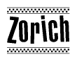The clipart image displays the text Zorich in a bold, stylized font. It is enclosed in a rectangular border with a checkerboard pattern running below and above the text, similar to a finish line in racing. 