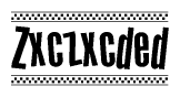 The image contains the text Zxczxcded in a bold, stylized font, with a checkered flag pattern bordering the top and bottom of the text.