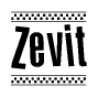 The clipart image displays the text Zevit in a bold, stylized font. It is enclosed in a rectangular border with a checkerboard pattern running below and above the text, similar to a finish line in racing. 
