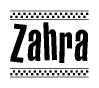 The image contains the text Zahra in a bold, stylized font, with a checkered flag pattern bordering the top and bottom of the text.