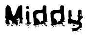 This nametag says Middy, and has a static looking effect at the bottom of the words. The words are in a stylized font.