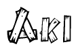 The image contains the name Aki written in a decorative, stylized font with a hand-drawn appearance. The lines are made up of what appears to be planks of wood, which are nailed together