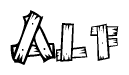 The clipart image shows the name Alf stylized to look as if it has been constructed out of wooden planks or logs. Each letter is designed to resemble pieces of wood.