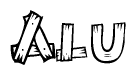 The clipart image shows the name Alu stylized to look as if it has been constructed out of wooden planks or logs. Each letter is designed to resemble pieces of wood.