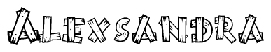 The image contains the name Alexsandra written in a decorative, stylized font with a hand-drawn appearance. The lines are made up of what appears to be planks of wood, which are nailed together