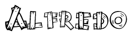 The image contains the name Alfredo written in a decorative, stylized font with a hand-drawn appearance. The lines are made up of what appears to be planks of wood, which are nailed together