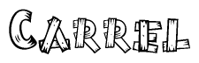 The clipart image shows the name Carrel stylized to look as if it has been constructed out of wooden planks or logs. Each letter is designed to resemble pieces of wood.