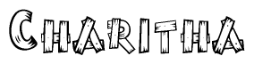 The image contains the name Charitha written in a decorative, stylized font with a hand-drawn appearance. The lines are made up of what appears to be planks of wood, which are nailed together
