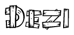 The image contains the name Dezi written in a decorative, stylized font with a hand-drawn appearance. The lines are made up of what appears to be planks of wood, which are nailed together