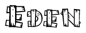 The image contains the name Eden written in a decorative, stylized font with a hand-drawn appearance. The lines are made up of what appears to be planks of wood, which are nailed together