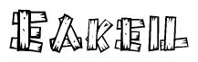 The clipart image shows the name Eakeil stylized to look as if it has been constructed out of wooden planks or logs. Each letter is designed to resemble pieces of wood.