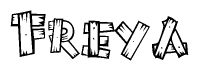 The image contains the name Freya written in a decorative, stylized font with a hand-drawn appearance. The lines are made up of what appears to be planks of wood, which are nailed together