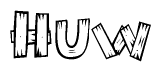 The clipart image shows the name Huw stylized to look as if it has been constructed out of wooden planks or logs. Each letter is designed to resemble pieces of wood.