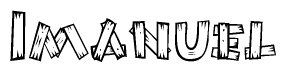 The image contains the name Imanuel written in a decorative, stylized font with a hand-drawn appearance. The lines are made up of what appears to be planks of wood, which are nailed together