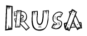 The image contains the name Irusa written in a decorative, stylized font with a hand-drawn appearance. The lines are made up of what appears to be planks of wood, which are nailed together