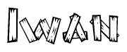 The clipart image shows the name Iwan stylized to look as if it has been constructed out of wooden planks or logs. Each letter is designed to resemble pieces of wood.