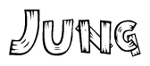 The image contains the name Jung written in a decorative, stylized font with a hand-drawn appearance. The lines are made up of what appears to be planks of wood, which are nailed together