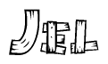 The image contains the name Jel written in a decorative, stylized font with a hand-drawn appearance. The lines are made up of what appears to be planks of wood, which are nailed together