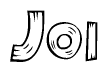 The image contains the name Joi written in a decorative, stylized font with a hand-drawn appearance. The lines are made up of what appears to be planks of wood, which are nailed together
