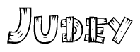 The image contains the name Judey written in a decorative, stylized font with a hand-drawn appearance. The lines are made up of what appears to be planks of wood, which are nailed together