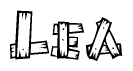 The clipart image shows the name Lea stylized to look as if it has been constructed out of wooden planks or logs. Each letter is designed to resemble pieces of wood.