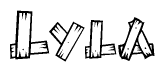 The image contains the name Lyla written in a decorative, stylized font with a hand-drawn appearance. The lines are made up of what appears to be planks of wood, which are nailed together