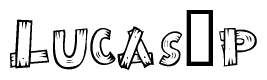 The image contains the name Lucas p written in a decorative, stylized font with a hand-drawn appearance. The lines are made up of what appears to be planks of wood, which are nailed together