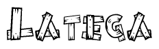The image contains the name Latega written in a decorative, stylized font with a hand-drawn appearance. The lines are made up of what appears to be planks of wood, which are nailed together