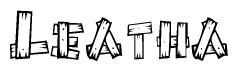 The image contains the name Leatha written in a decorative, stylized font with a hand-drawn appearance. The lines are made up of what appears to be planks of wood, which are nailed together