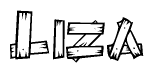 The image contains the name Liza written in a decorative, stylized font with a hand-drawn appearance. The lines are made up of what appears to be planks of wood, which are nailed together