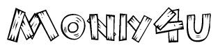 The image contains the name Moniy4u written in a decorative, stylized font with a hand-drawn appearance. The lines are made up of what appears to be planks of wood, which are nailed together