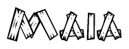 The image contains the name Maia written in a decorative, stylized font with a hand-drawn appearance. The lines are made up of what appears to be planks of wood, which are nailed together