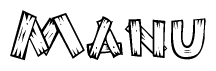 The image contains the name Manu written in a decorative, stylized font with a hand-drawn appearance. The lines are made up of what appears to be planks of wood, which are nailed together