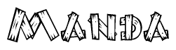 The clipart image shows the name Manda stylized to look as if it has been constructed out of wooden planks or logs. Each letter is designed to resemble pieces of wood.