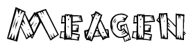 The clipart image shows the name Meagen stylized to look as if it has been constructed out of wooden planks or logs. Each letter is designed to resemble pieces of wood.
