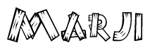 The image contains the name Marji written in a decorative, stylized font with a hand-drawn appearance. The lines are made up of what appears to be planks of wood, which are nailed together