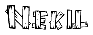 The clipart image shows the name Nekil stylized to look as if it has been constructed out of wooden planks or logs. Each letter is designed to resemble pieces of wood.