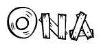 The image contains the name Ona written in a decorative, stylized font with a hand-drawn appearance. The lines are made up of what appears to be planks of wood, which are nailed together