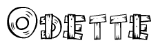 The clipart image shows the name Odette stylized to look as if it has been constructed out of wooden planks or logs. Each letter is designed to resemble pieces of wood.