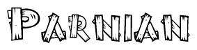 The image contains the name Parnian written in a decorative, stylized font with a hand-drawn appearance. The lines are made up of what appears to be planks of wood, which are nailed together
