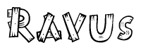 The clipart image shows the name Ravus stylized to look as if it has been constructed out of wooden planks or logs. Each letter is designed to resemble pieces of wood.