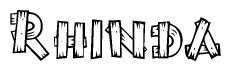 The image contains the name Rhinda written in a decorative, stylized font with a hand-drawn appearance. The lines are made up of what appears to be planks of wood, which are nailed together
