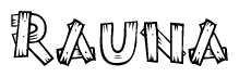 The clipart image shows the name Rauna stylized to look as if it has been constructed out of wooden planks or logs. Each letter is designed to resemble pieces of wood.