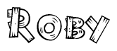 The image contains the name Roby written in a decorative, stylized font with a hand-drawn appearance. The lines are made up of what appears to be planks of wood, which are nailed together
