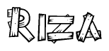 The image contains the name Riza written in a decorative, stylized font with a hand-drawn appearance. The lines are made up of what appears to be planks of wood, which are nailed together