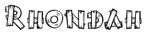 The image contains the name Rhondah written in a decorative, stylized font with a hand-drawn appearance. The lines are made up of what appears to be planks of wood, which are nailed together